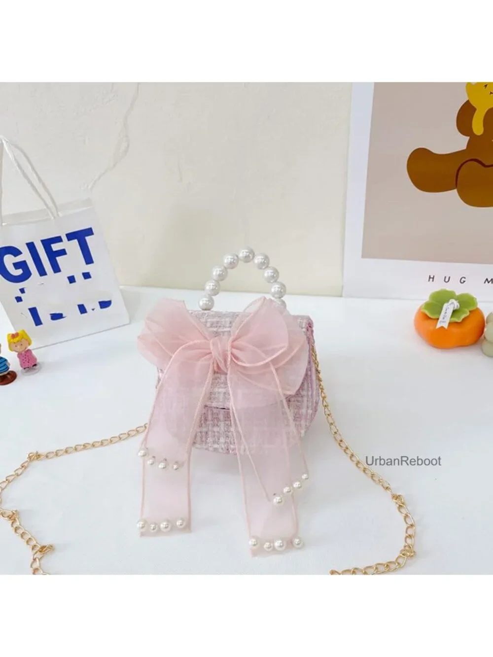 2 Pack Girls Mini Crossbody Purses with Bowknot and Pearl Handle Detachable